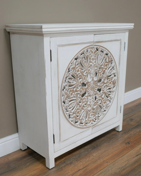 Eclectic Bohemian Style White Wooden Carved Cabinet Cupboard UK Delivery
