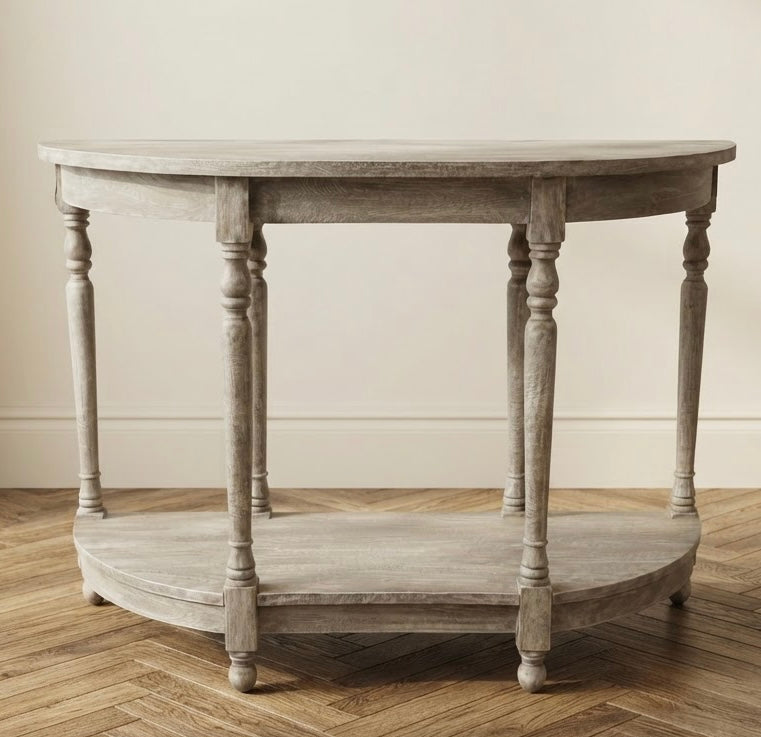 Demi-Lune Light Mahogany Console Table with undershelf Vintage Farmhouse Style