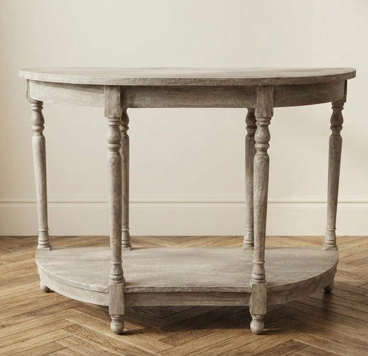 Demi-Lune Light Mahogany Console Table with undershelf Vintage Farmhouse Style