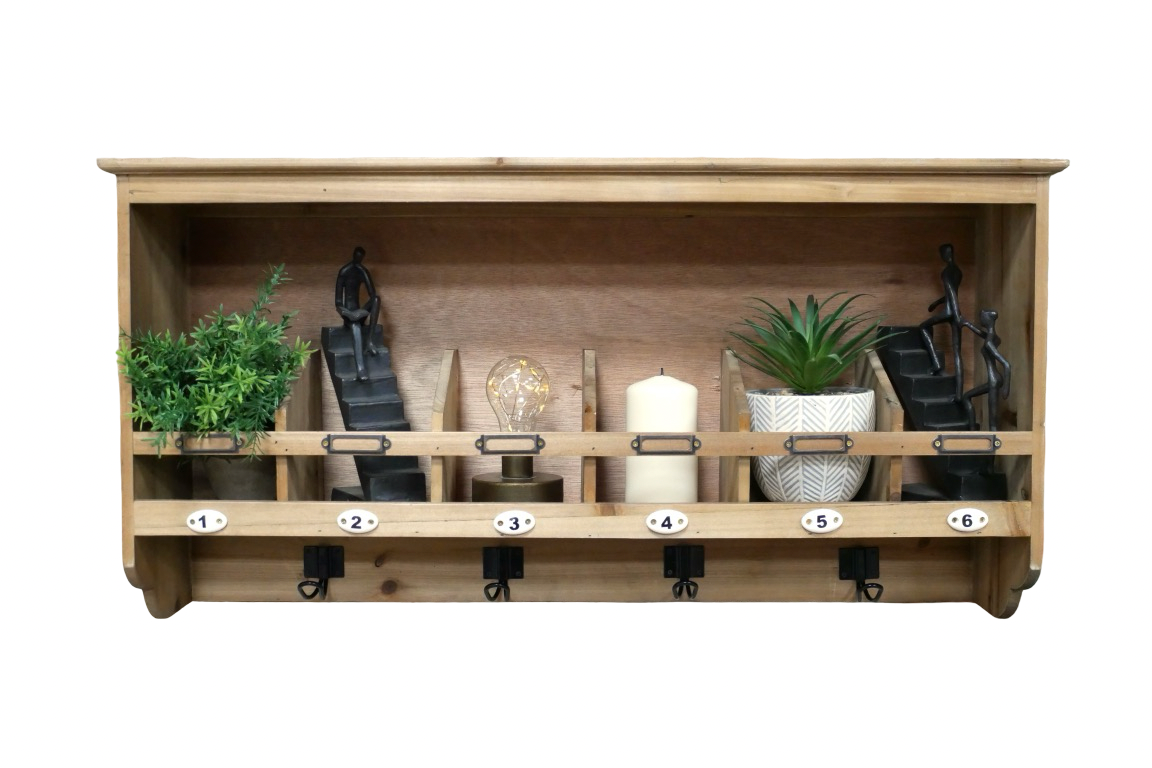 Rustic wooden wall shelf unit with hooks & Storage kitchen hall utility