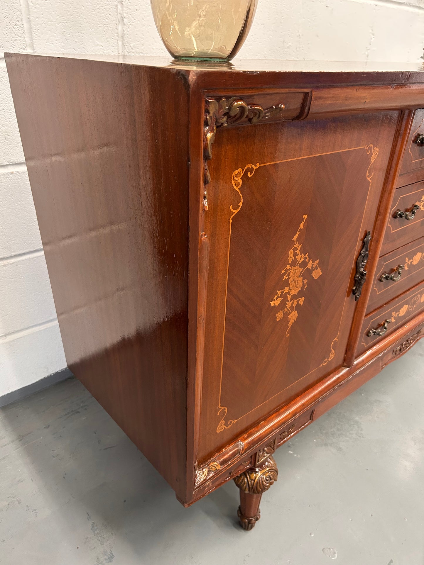 A Vintage French Inlaid sideboard with 4 drawers and 2 cupboards