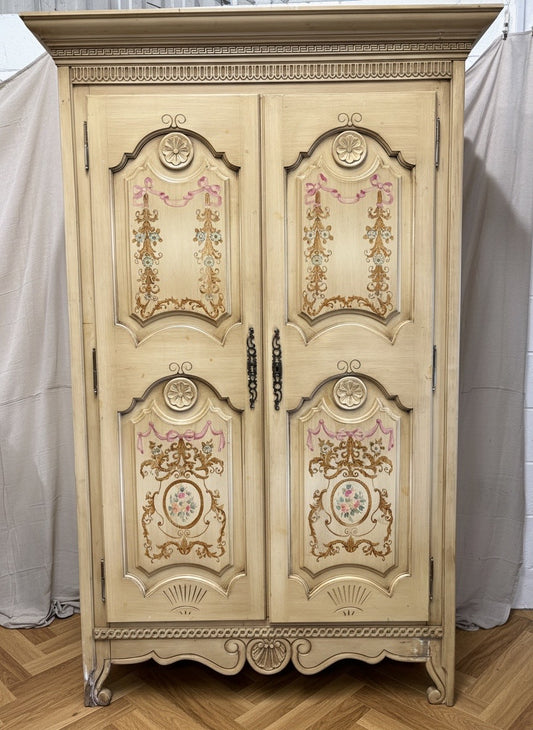 Vintage French painted armoire, moulded cornice two shaped panel doors decorated with hand-painted floral design