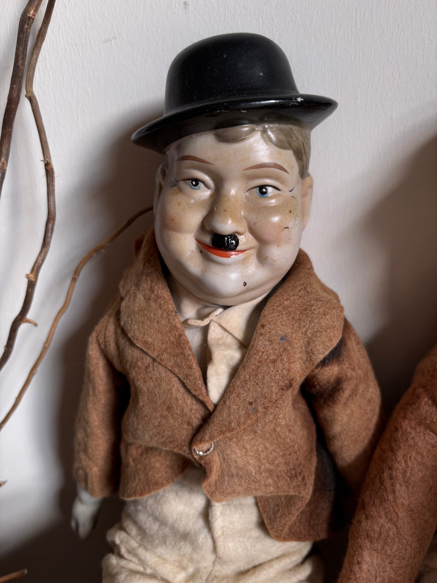 Laurel & Hardy Bisque Head Hands Feet Vintage Dolls Faded fabric