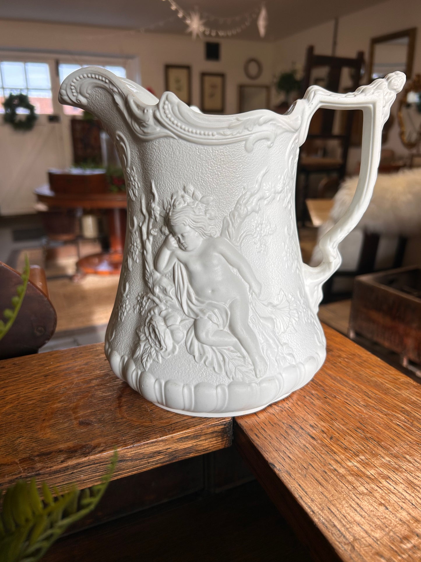 Portmerian Parianware White decorative large jug with cherubs