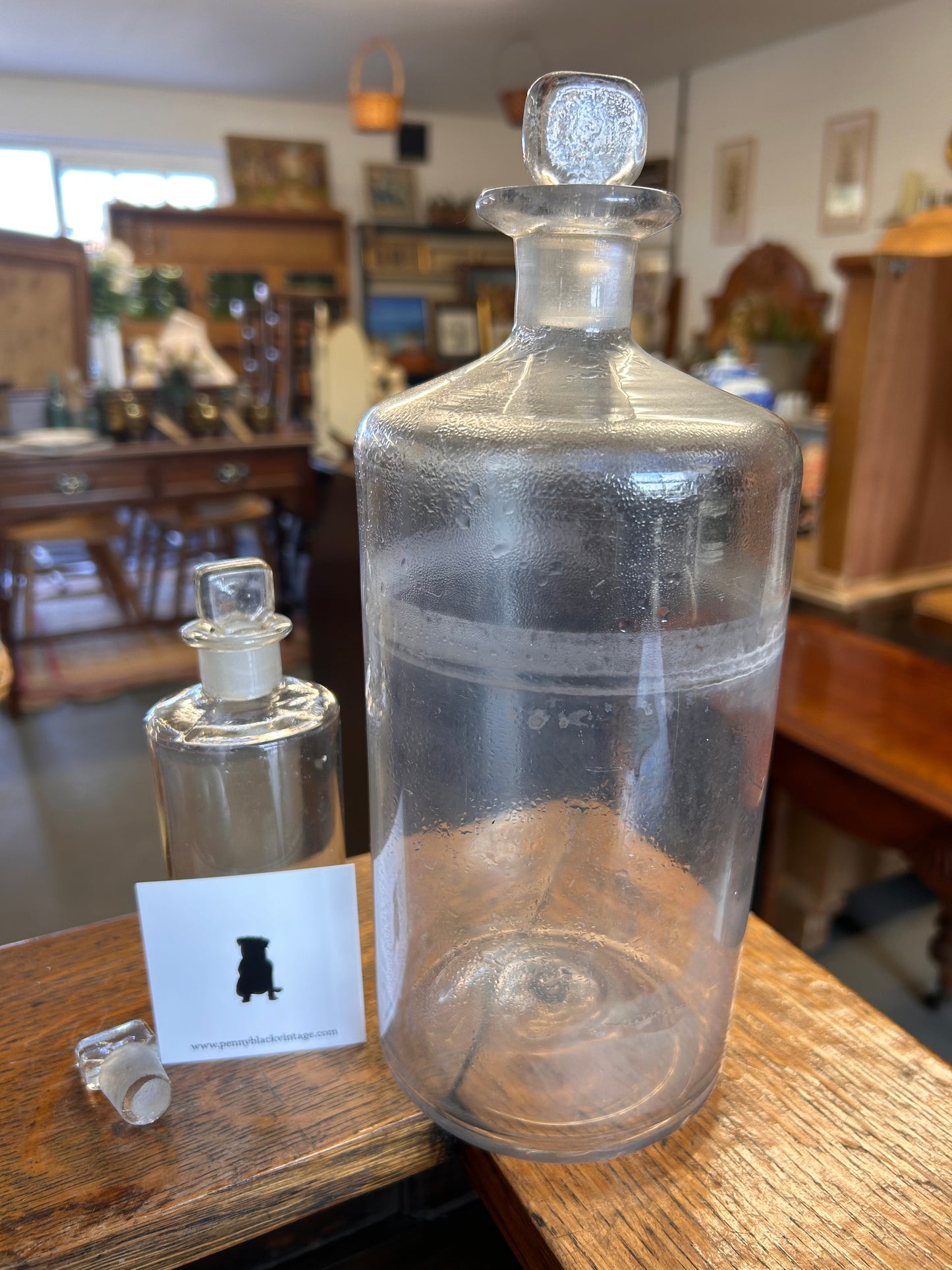 One large plain glass apothecary bottle with ground glass stopper.