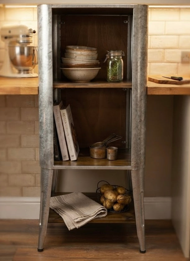 French Tolix Style Industrial Metal storage unit side table with wooden shelves