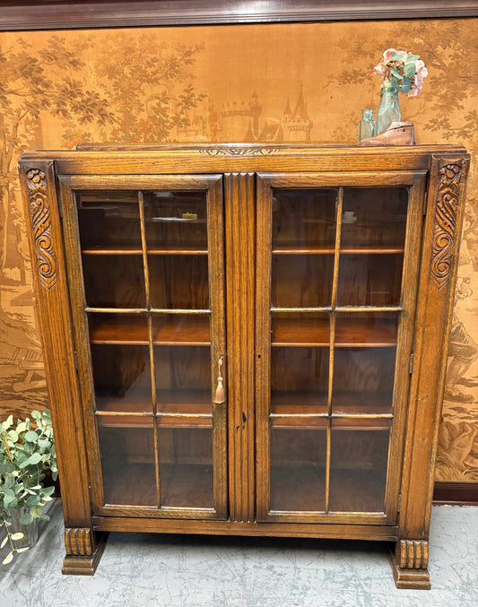 Early 20thC Oak Glazed Shelving Display cupboard cabinet bookcase