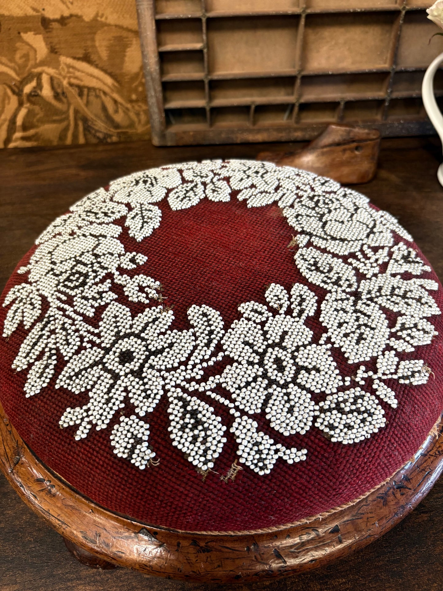 Antique Circular Walnut Beaded Footstool on bun feet