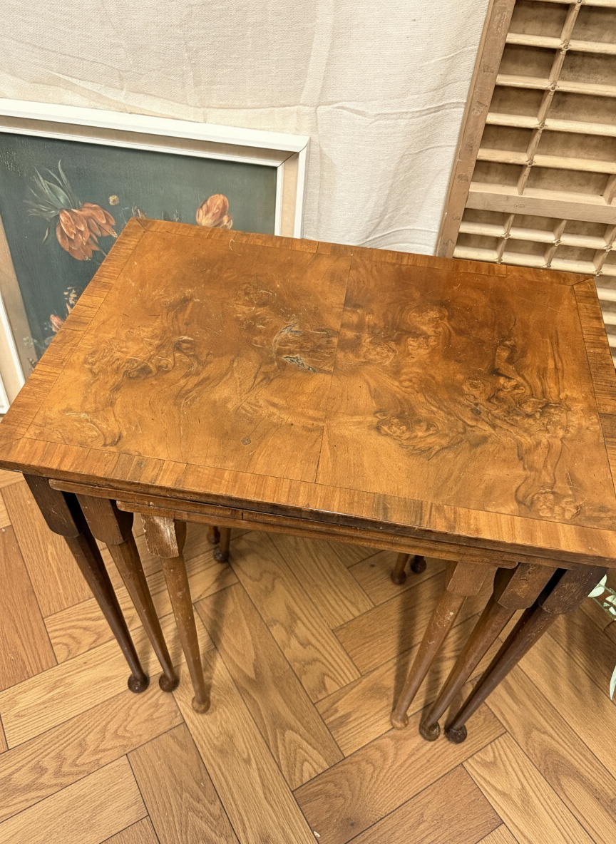 Nest of Antique Burr Walnut Coffee / lamp side / living room tables