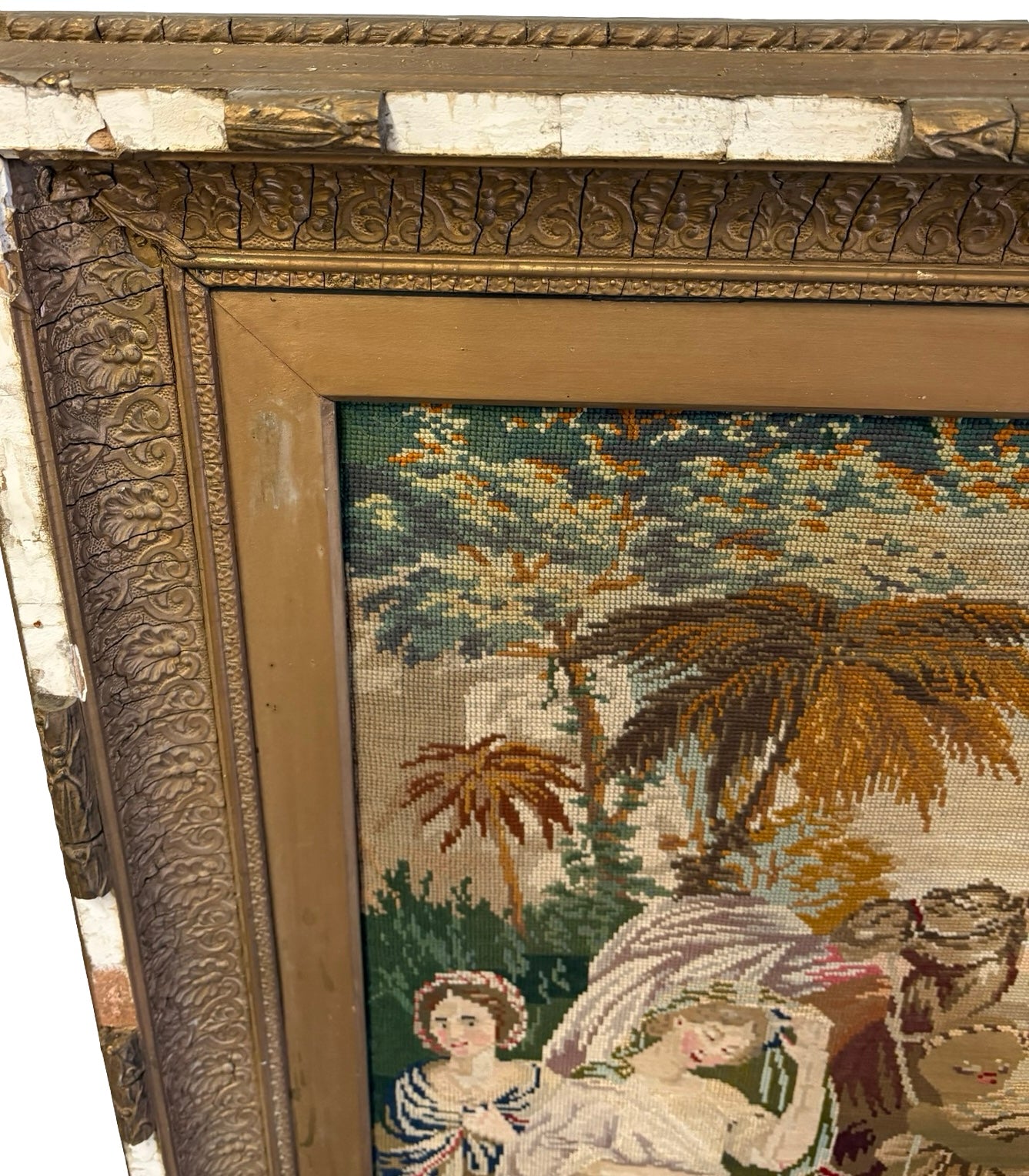 Impressive Large 19th Century Needlepoint Tapestry Biblical Religious scene Gilt Frame