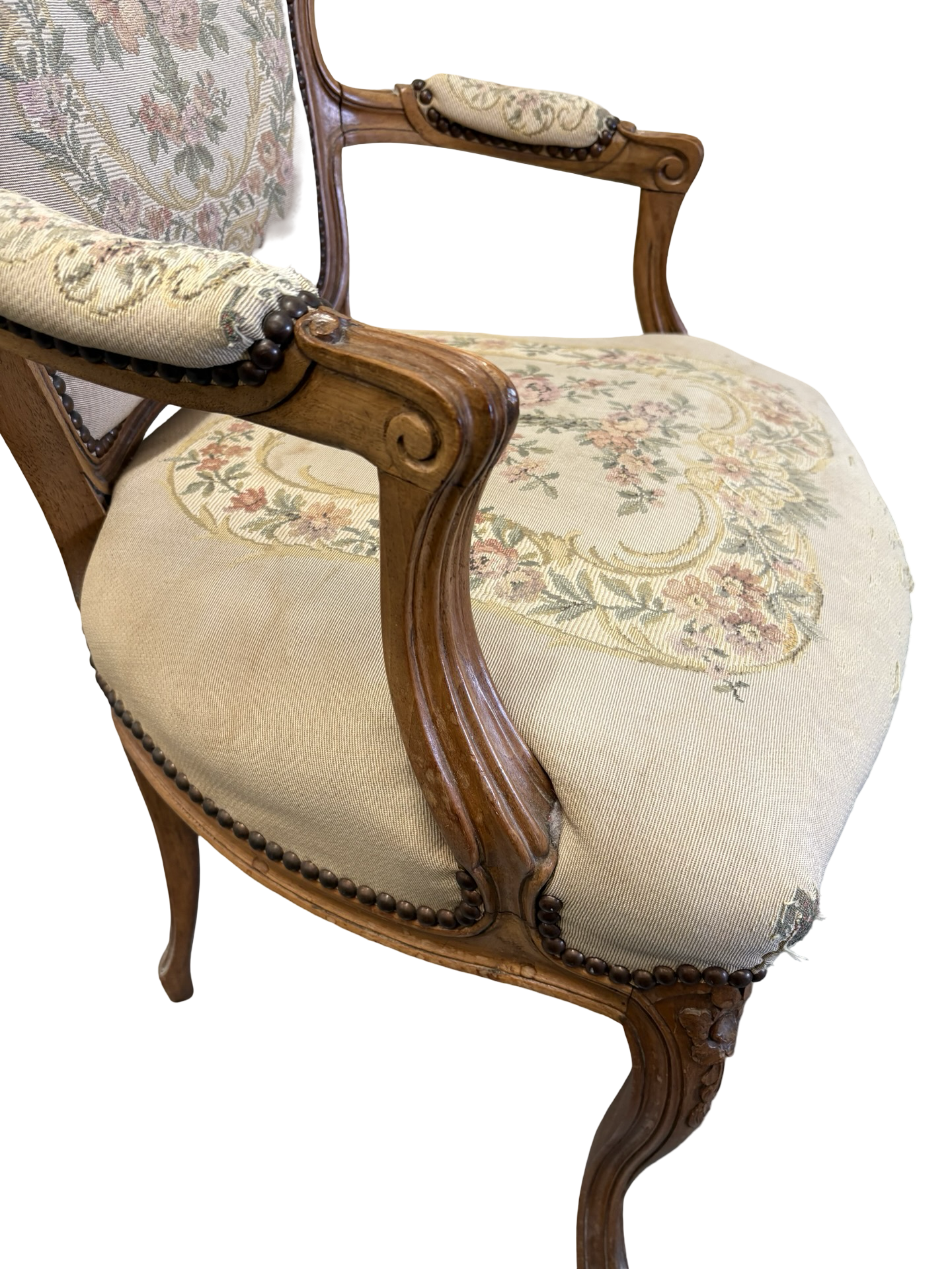 A French Louis Style Carved shabby tapestry vintage occasional bedroom chair