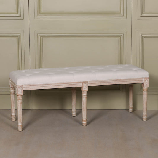 Light Birch Wood and Cream Linen Upholstered Bench - Living Bedroom Dressing Room