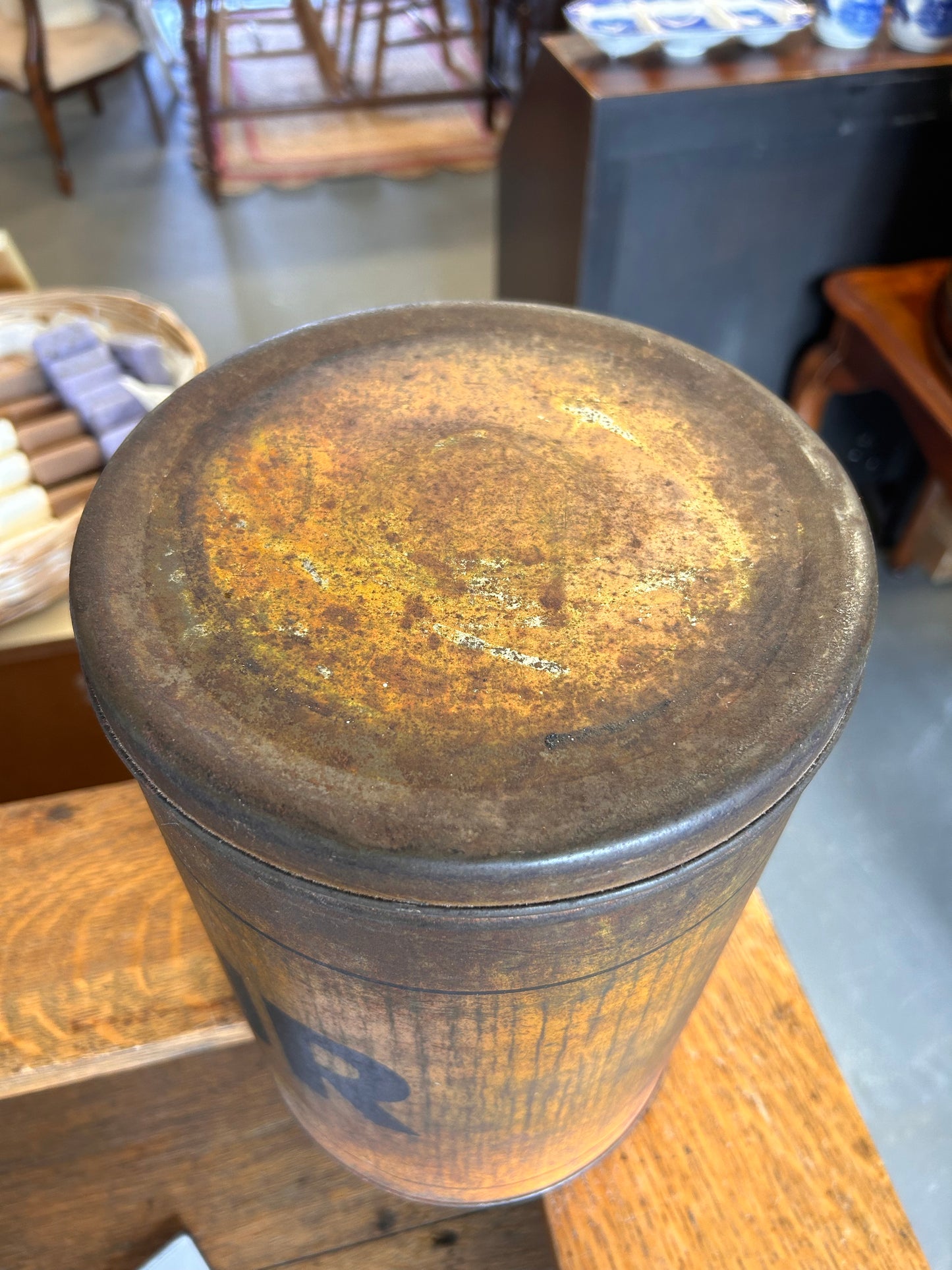 Large antique yellow painted flour storage tin, Country house Kitchenalia