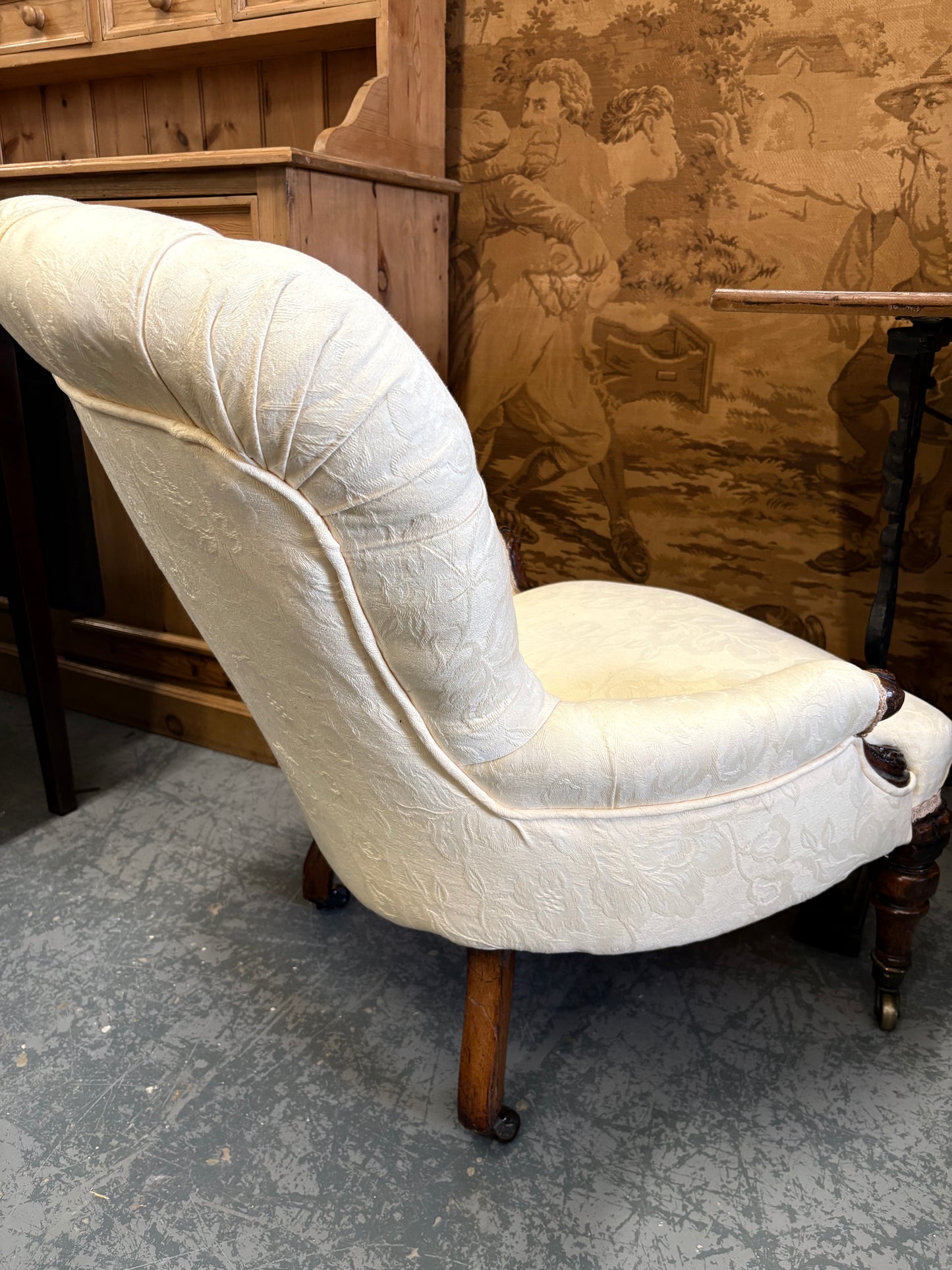 An Cream upholstered & carved Victorian mahogany Low Bedroom Chair