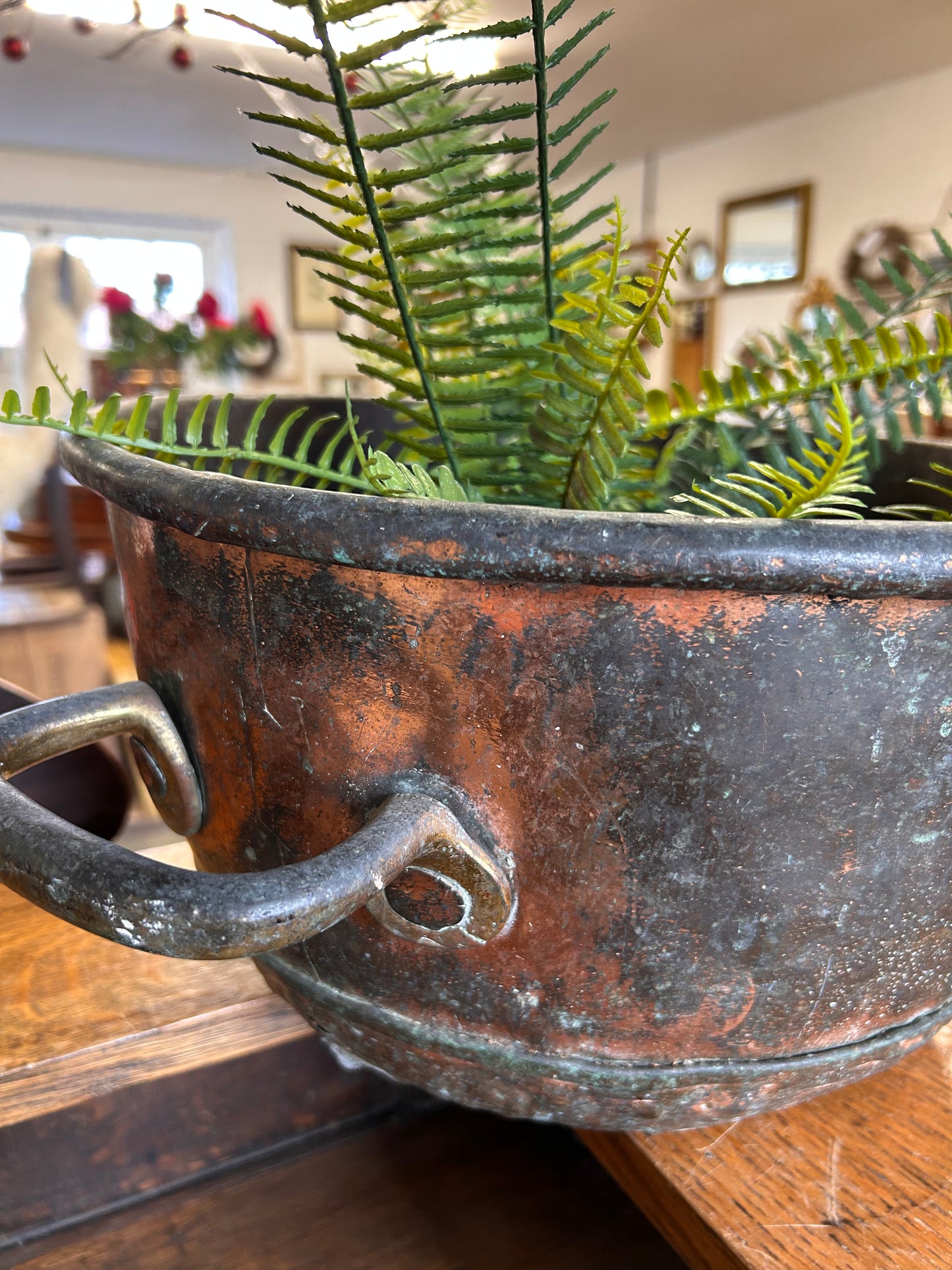 Heavy Antique round thick copper bowl with handles