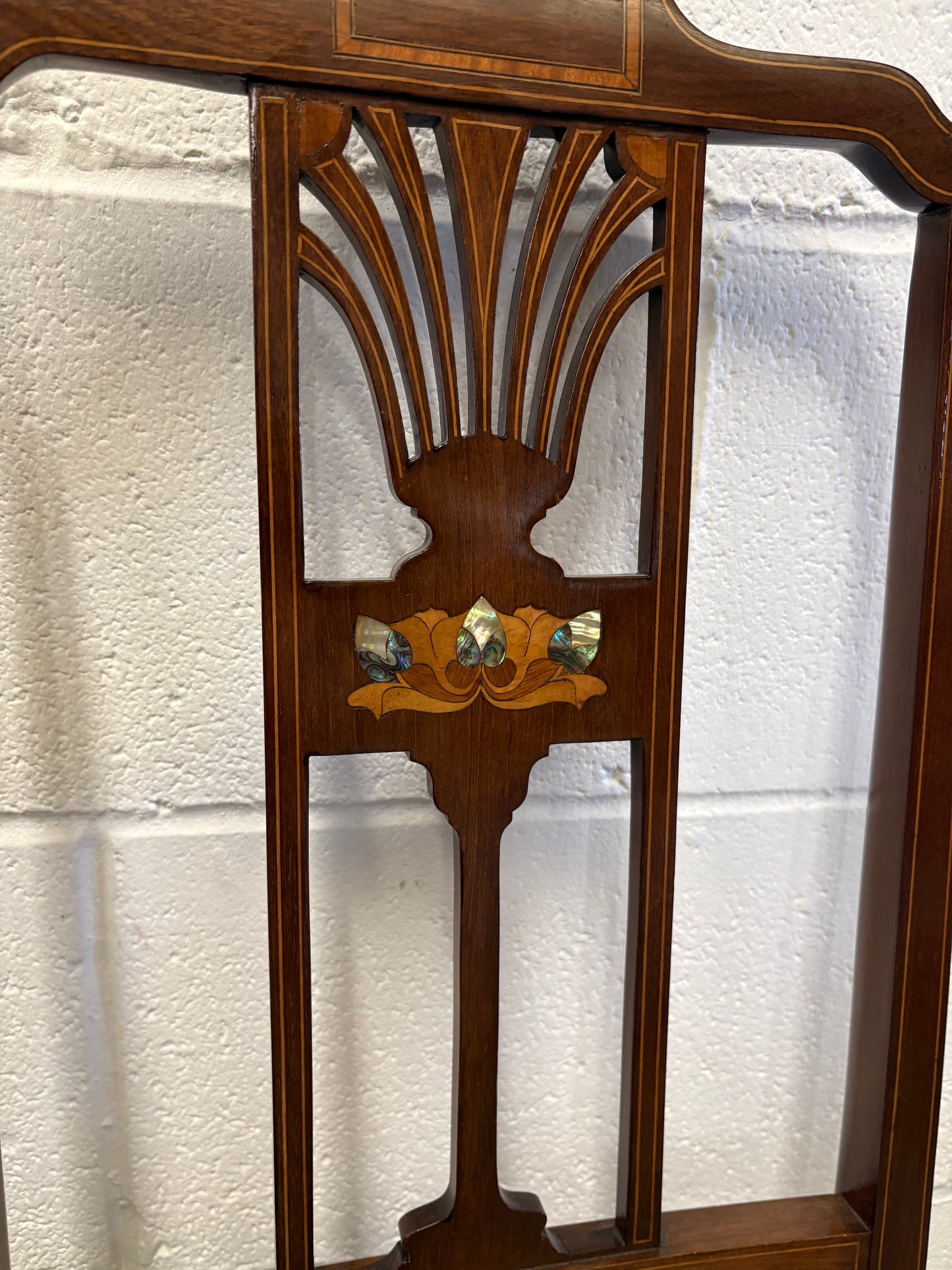 Two Beautiful inlaid mahogany bedroom / side chairs with marquetry panel, needlework seats
