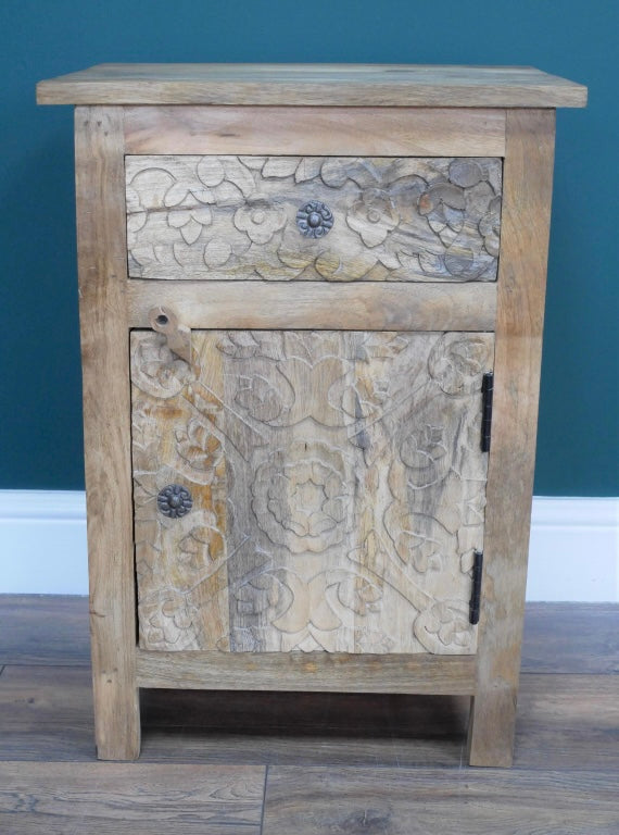 Carved Wooden Decorative Bedside Table Cabinet Light Wood