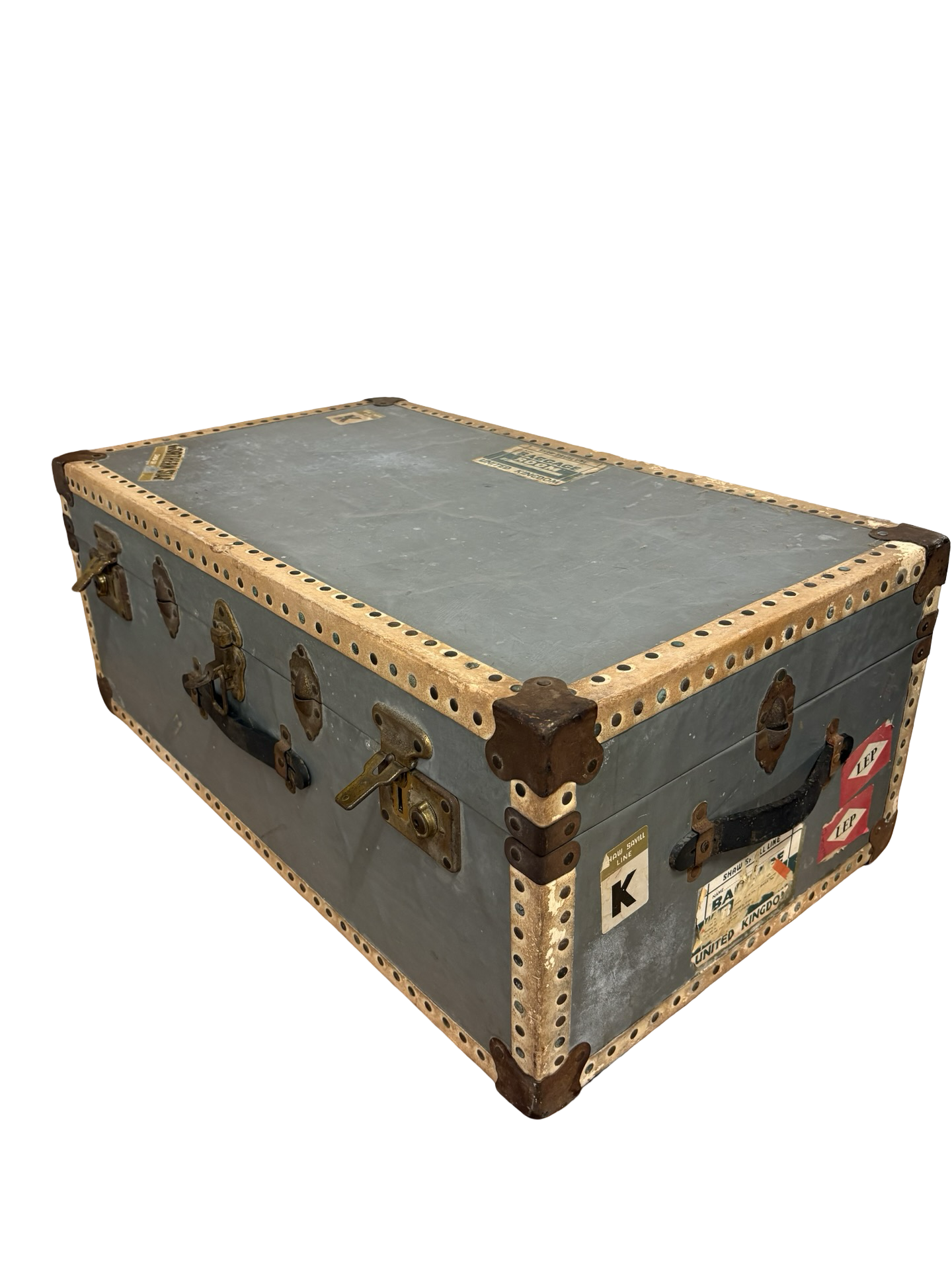 Vintage travel trunk with old labels fab coffee table / storage clean inside