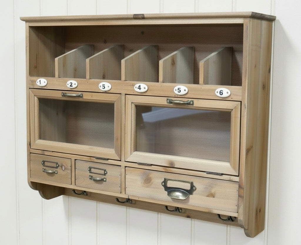 Country Farmhouse Wooden Wall Cabinet with Drawers & Hooks
