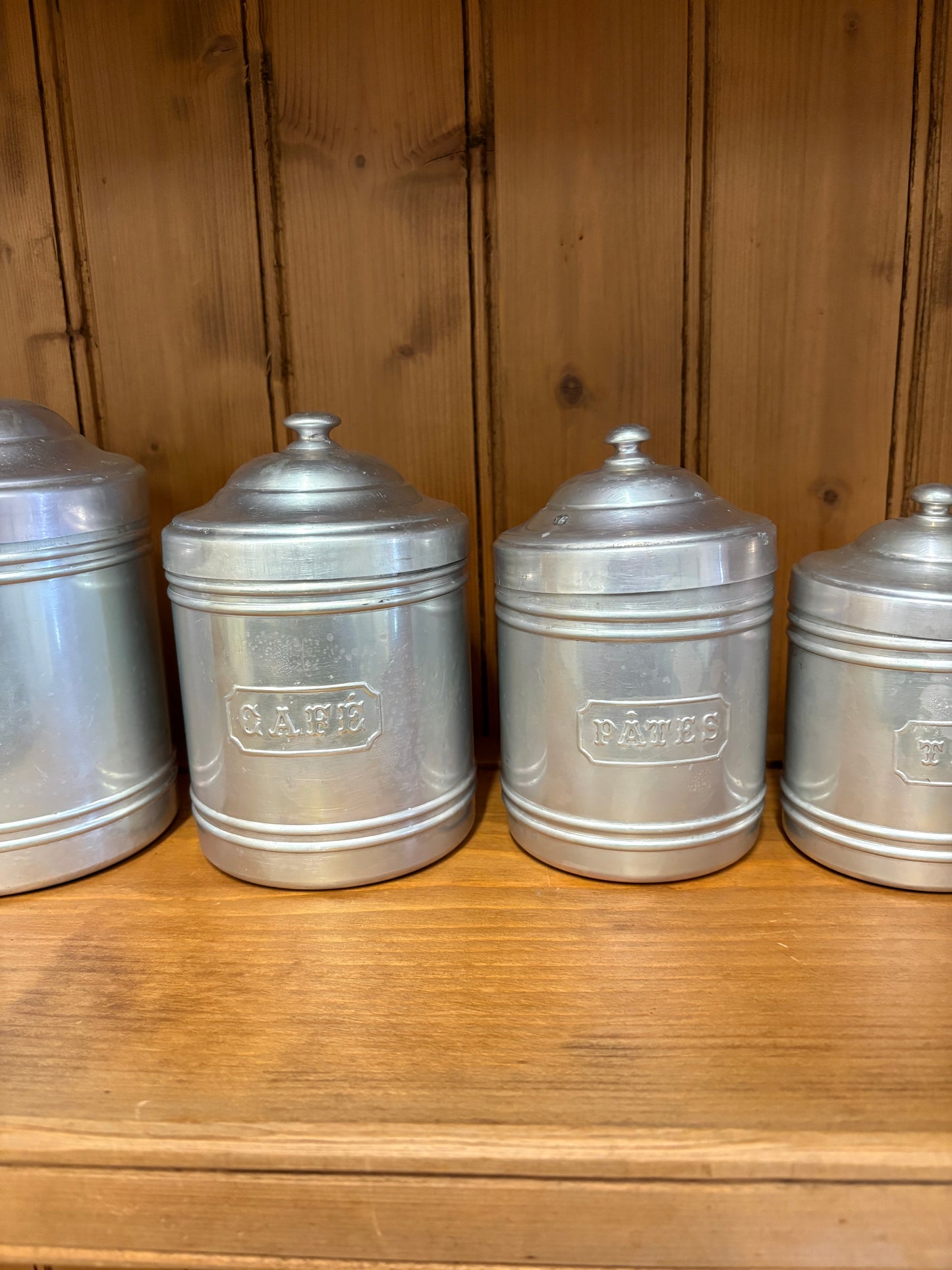 Set of six Vintage French metal Kitchen storage food canisters