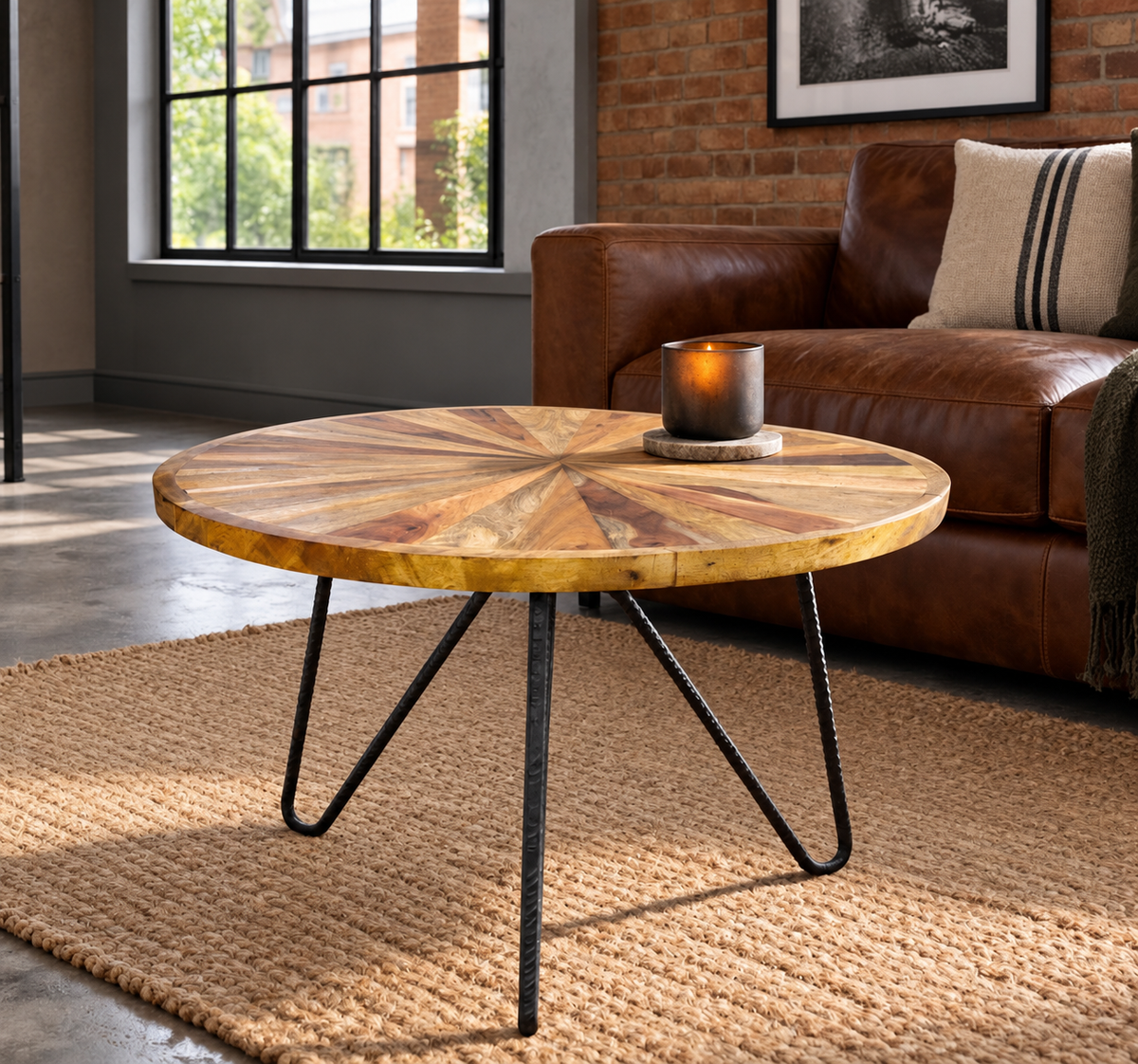 Circular Natural Rustic Wooden Acacia wood coffee table Hairpin legs with geometric design
