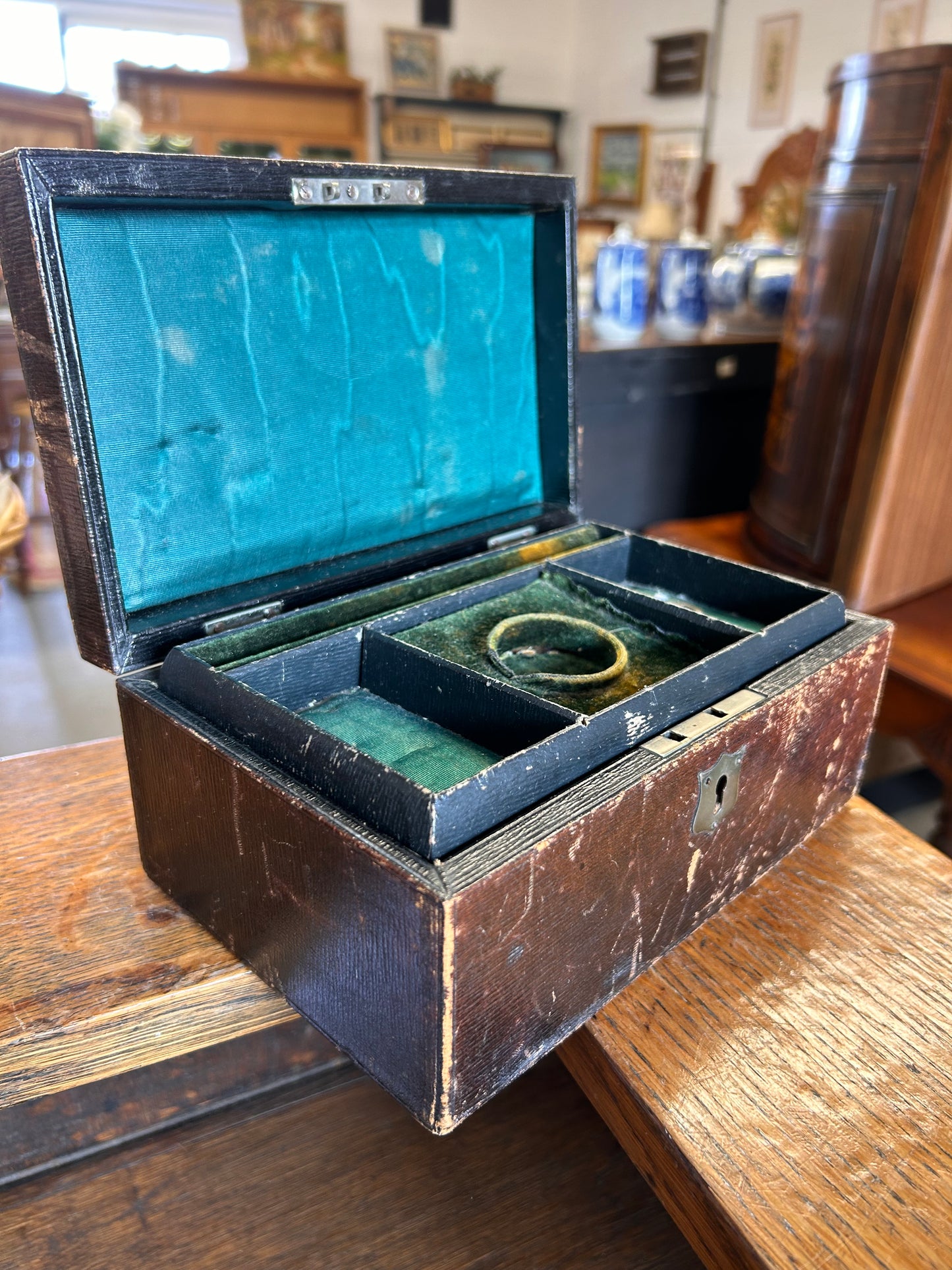 Beautifully faded and worn Victorian jewelry box lined in silk