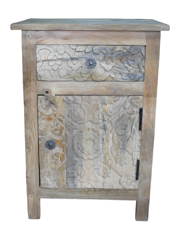 Carved Wooden Decorative Bedside Table Cabinet Light Wood