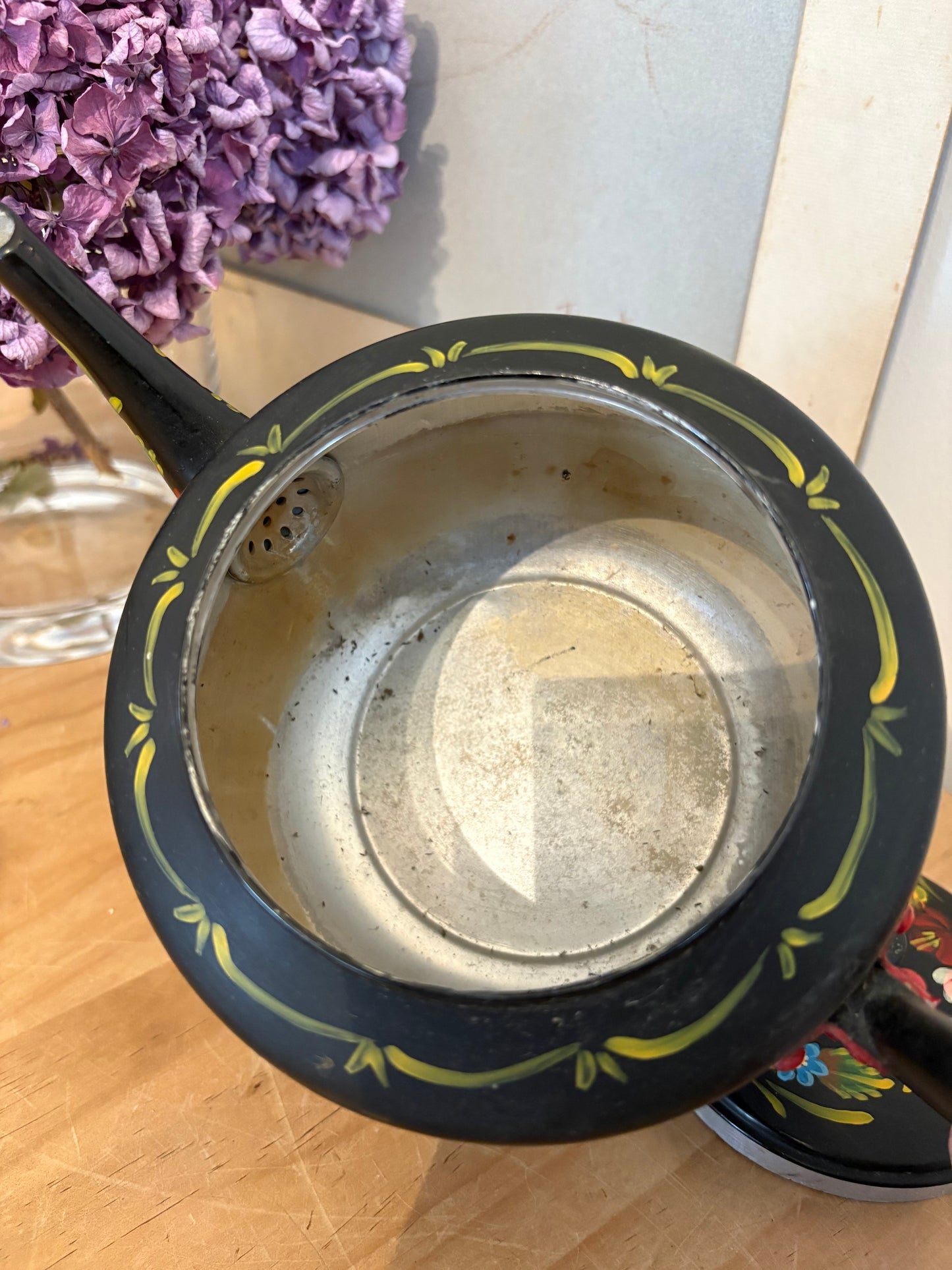 Vintage hand painted metal teapot folky colourful bargeware look