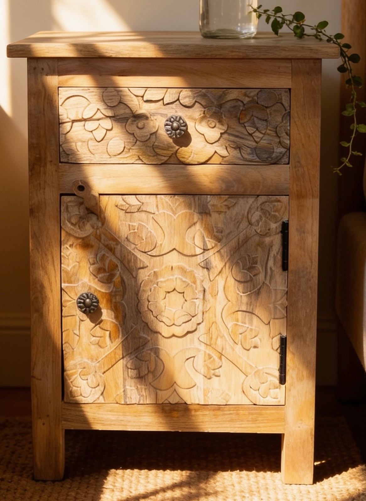 Carved Wooden Decorative Bedside Table Cabinet Light Wood