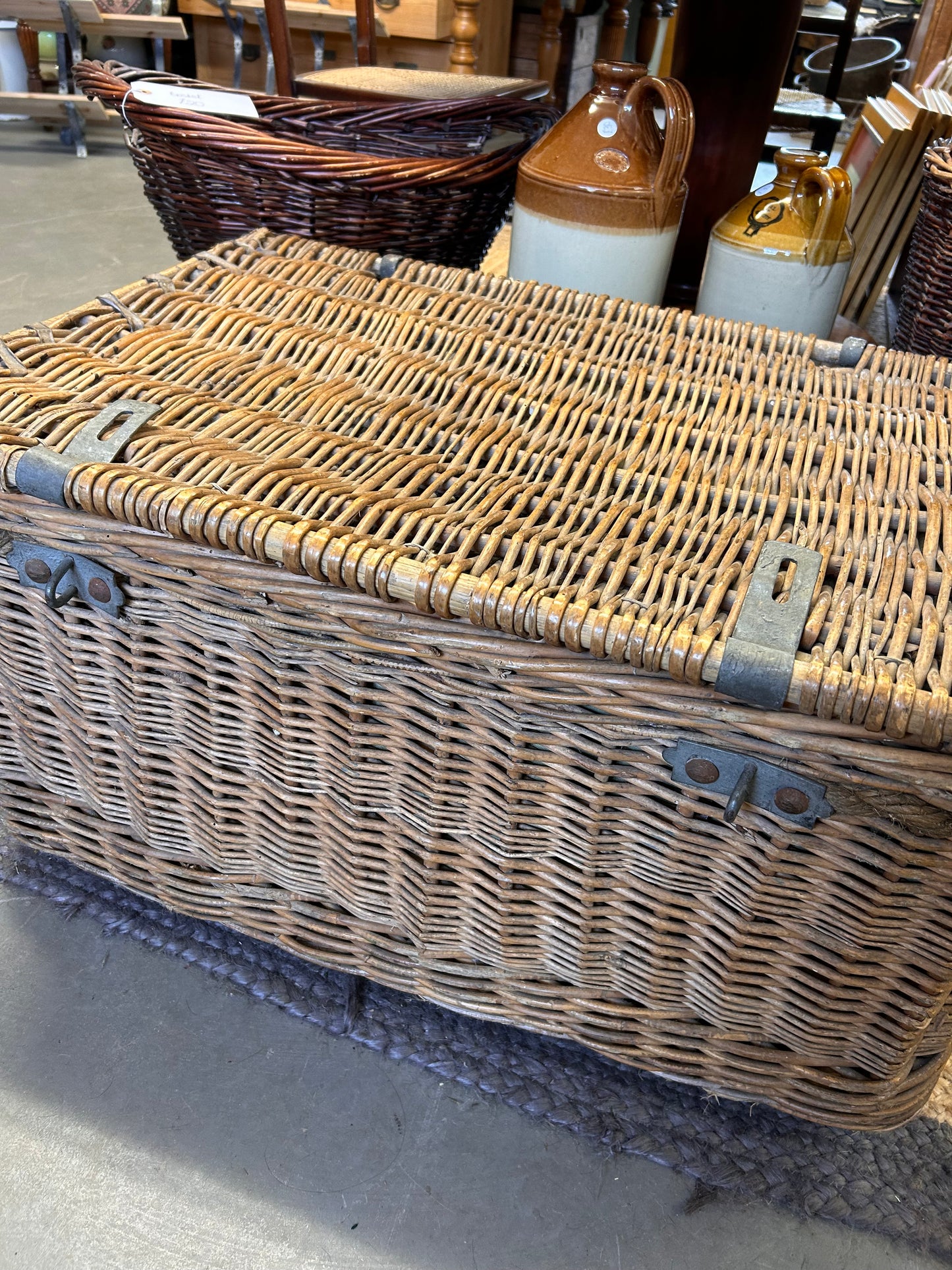 Early 19C Large Old Antique Laundry basket metal clasps canvas lined