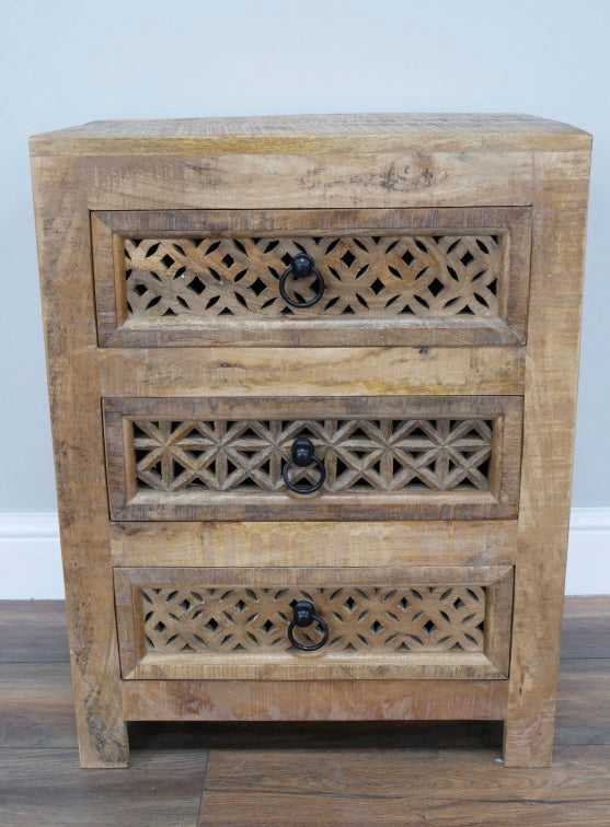 3 drawer Wooden bedside cabinet with carved decorative drawer fronts