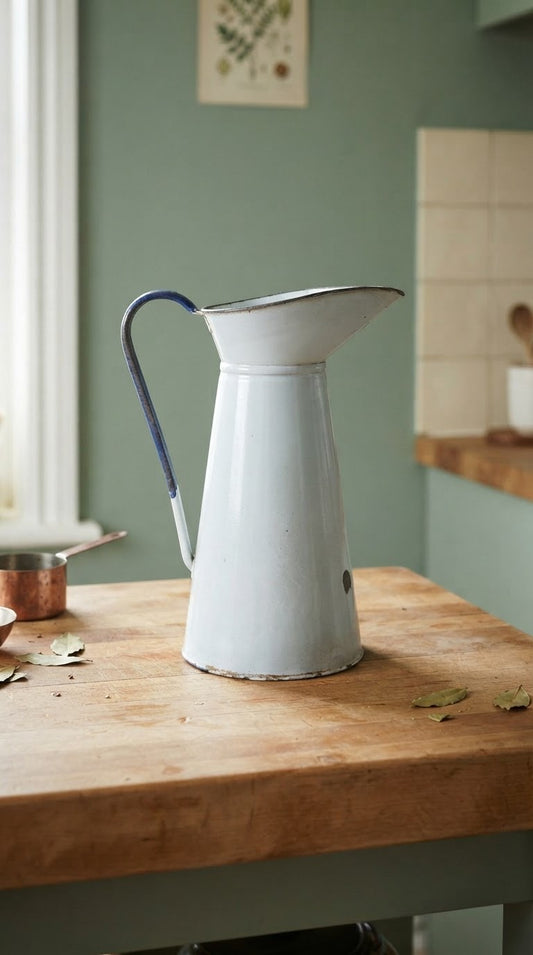 Big French White Enamel Pitcher water Jug - Vintage Kitchenalia