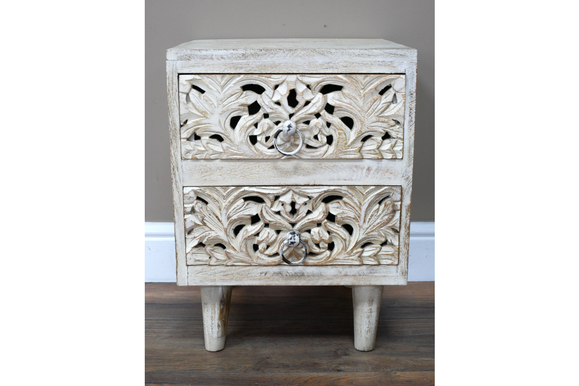 Bohemian Carved white Wooden Bedside Table Drawers storage