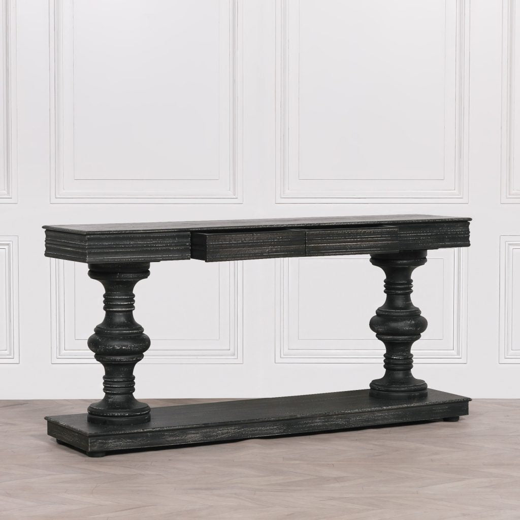 Large Distressed Black Painted Column Console Table Impressive
