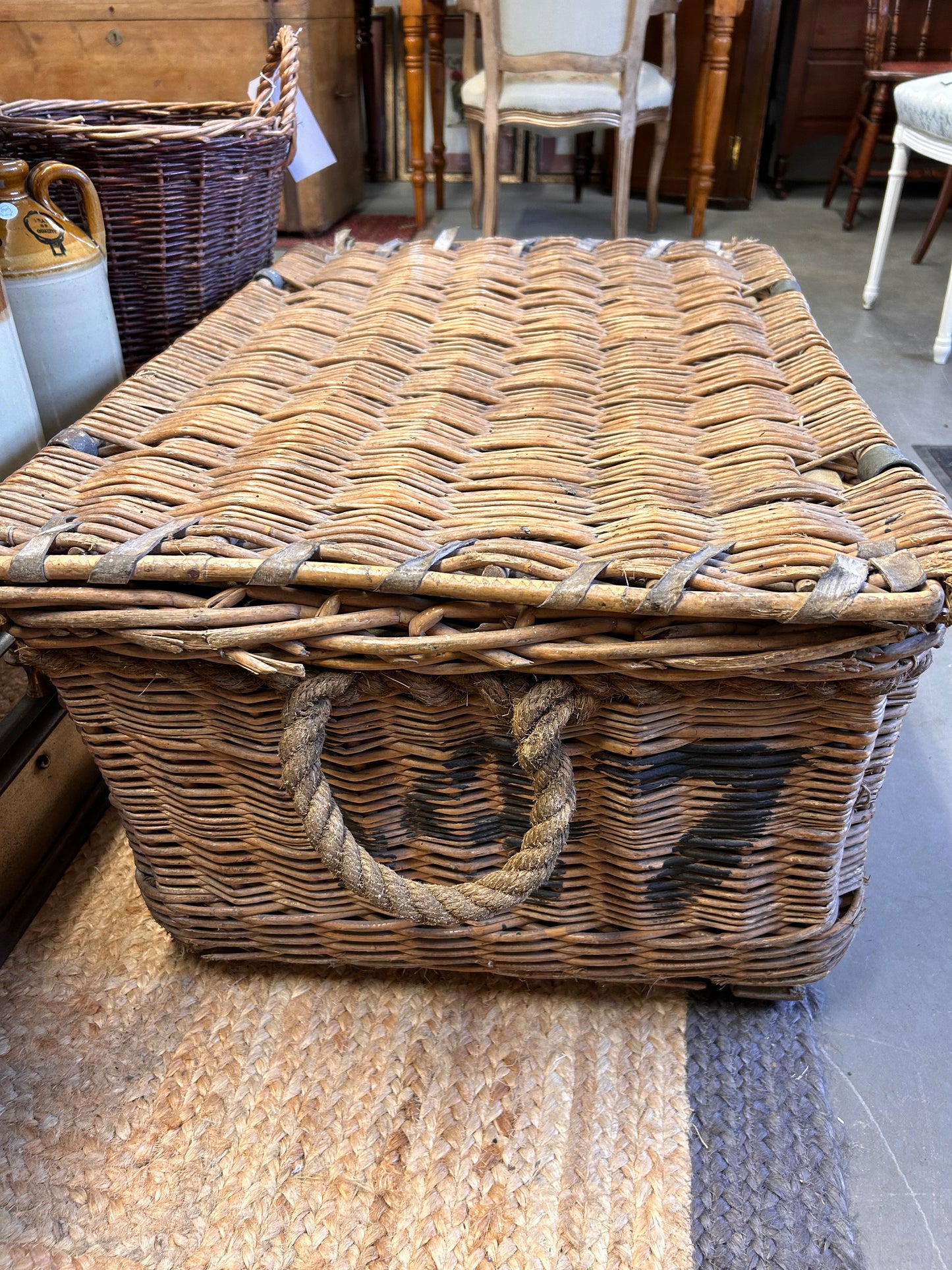 Early 19C Large Old Antique Laundry basket metal clasps canvas lined