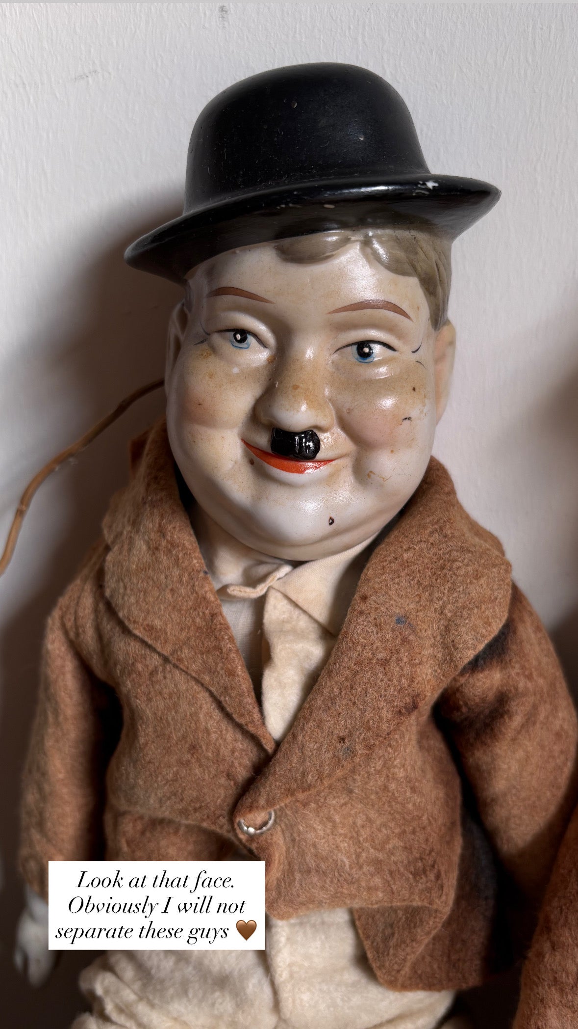 Laurel & Hardy Bisque Head Hands Feet Vintage Dolls Faded fabric