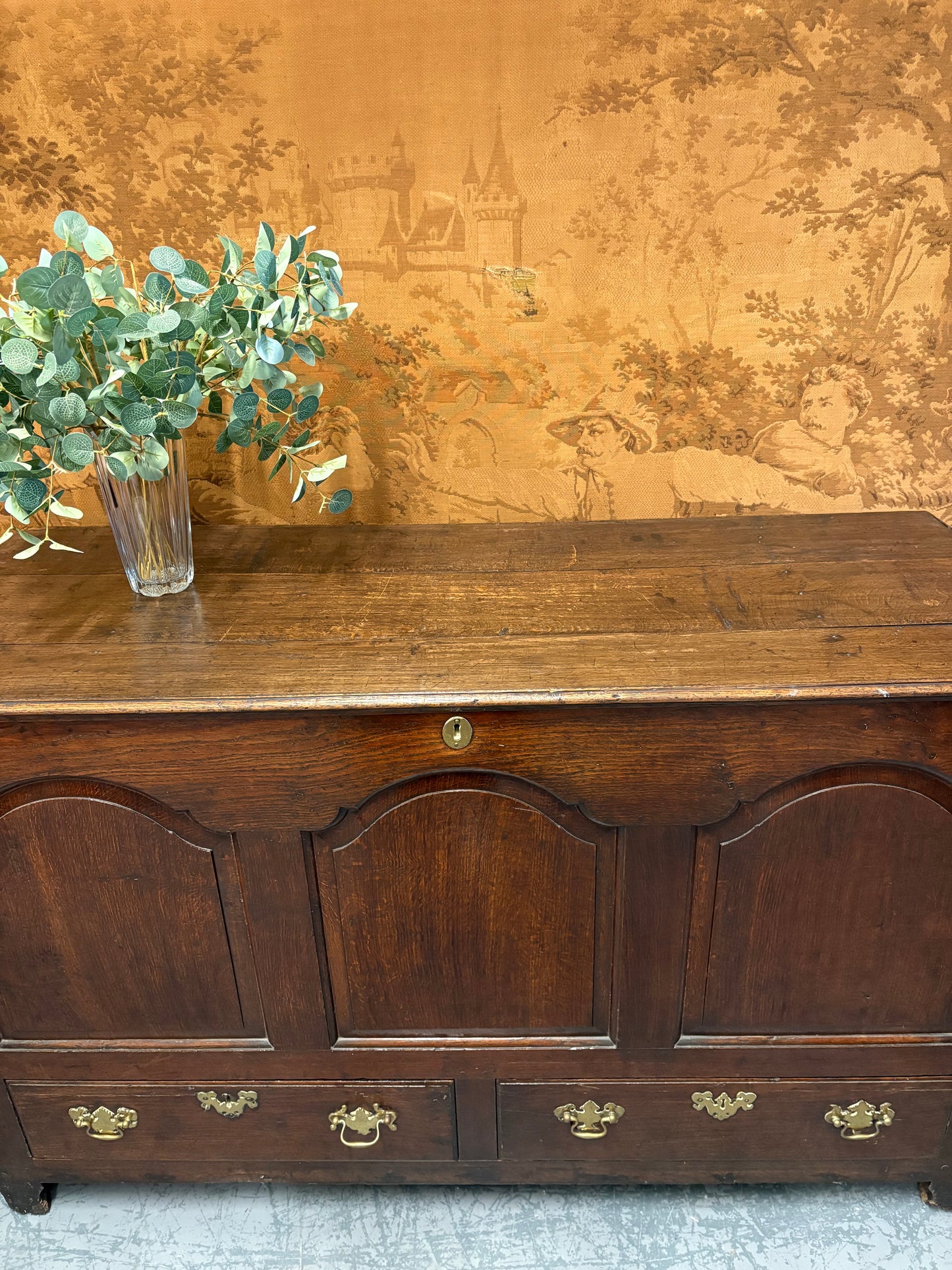 Large Antique 18thC Country House Paneled Oak Mule Chest