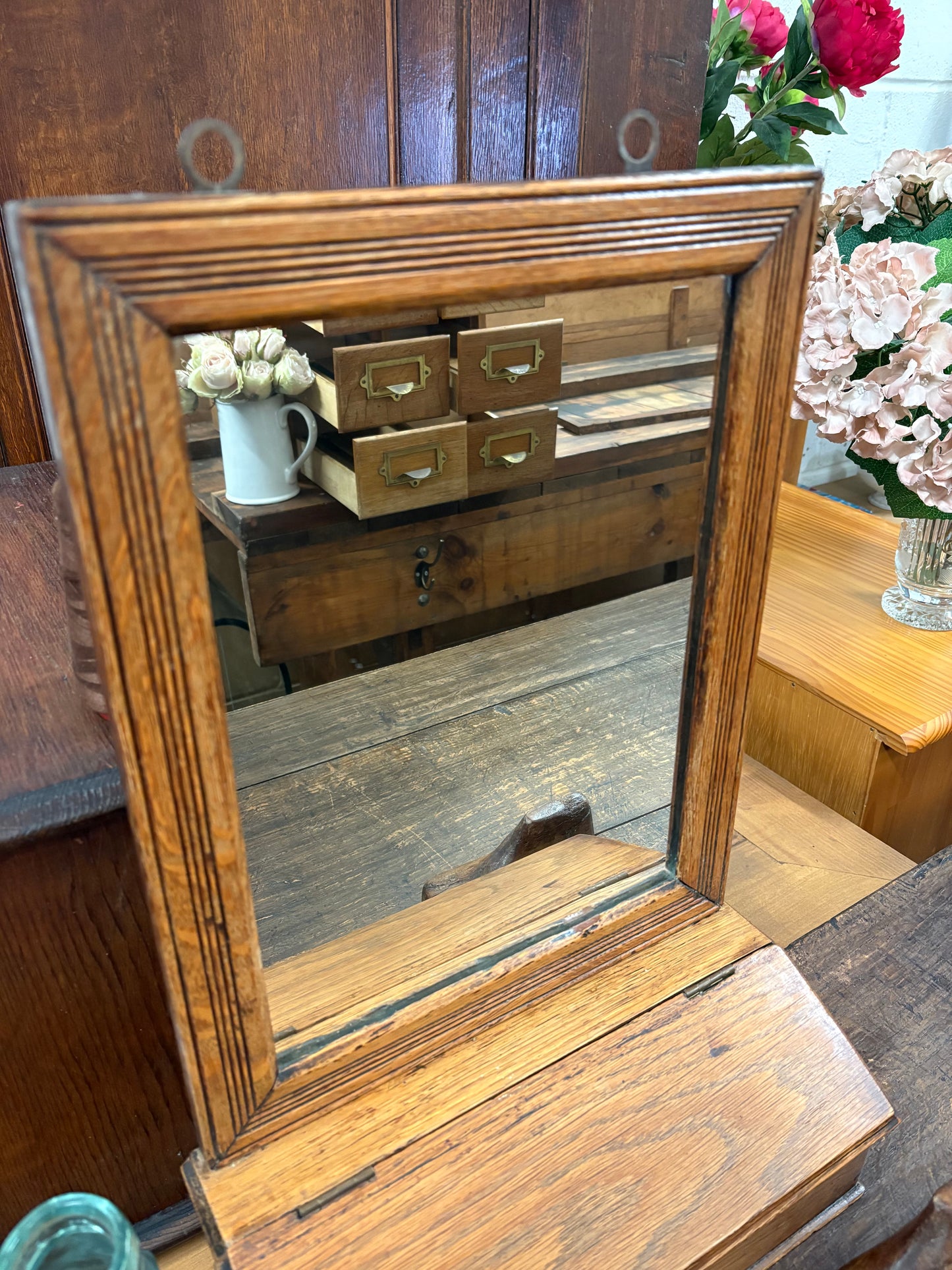 Antique Edwardian Oak Hallway Valet Wall Mirror with Glovebox