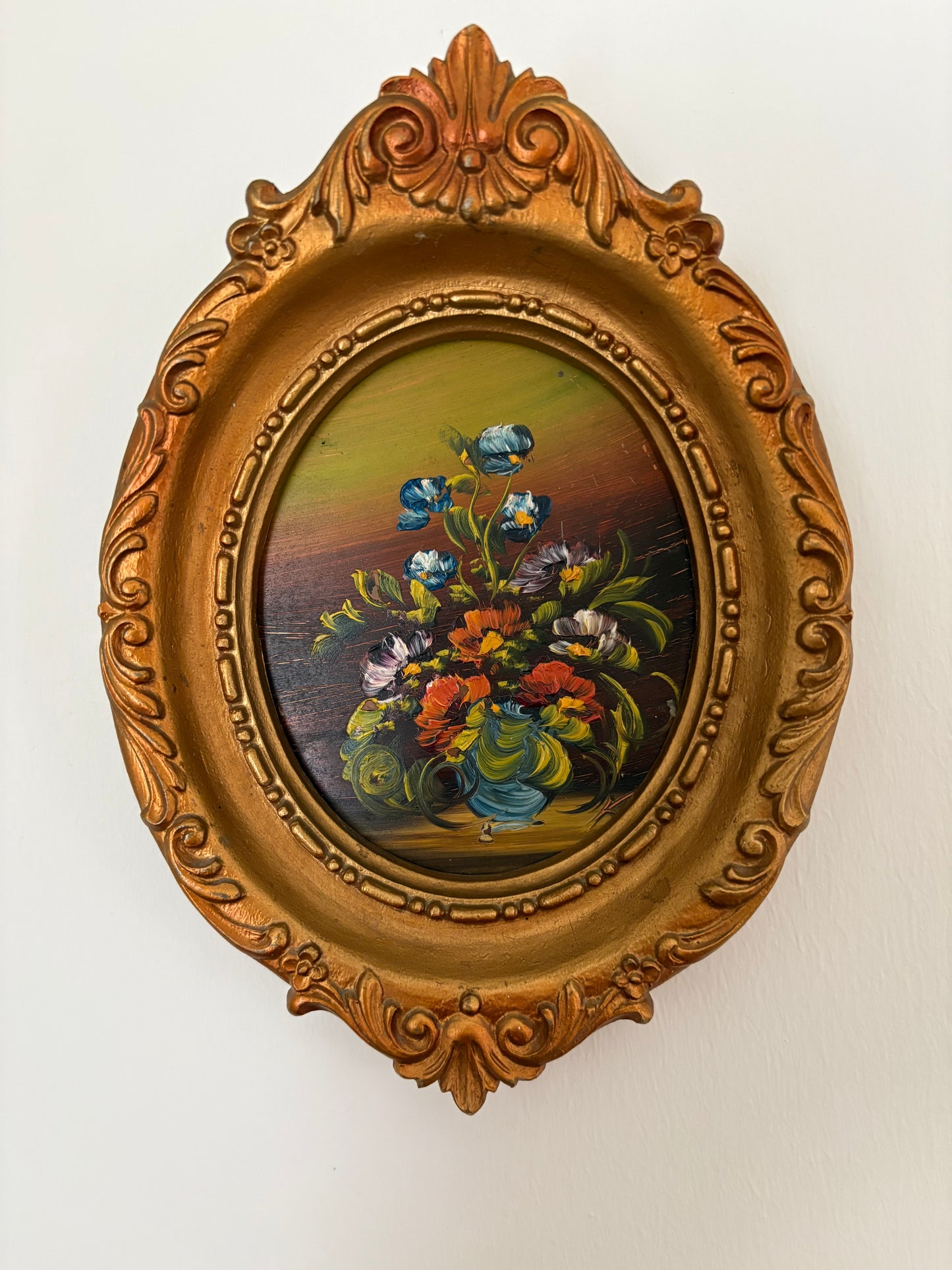 Miniature vintage guilt framed floral oil painting