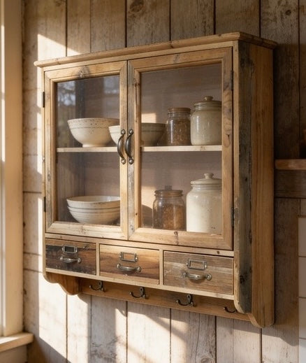 Modern Country Farmhouse Wood Wall Cupboard Drawers & Hooks