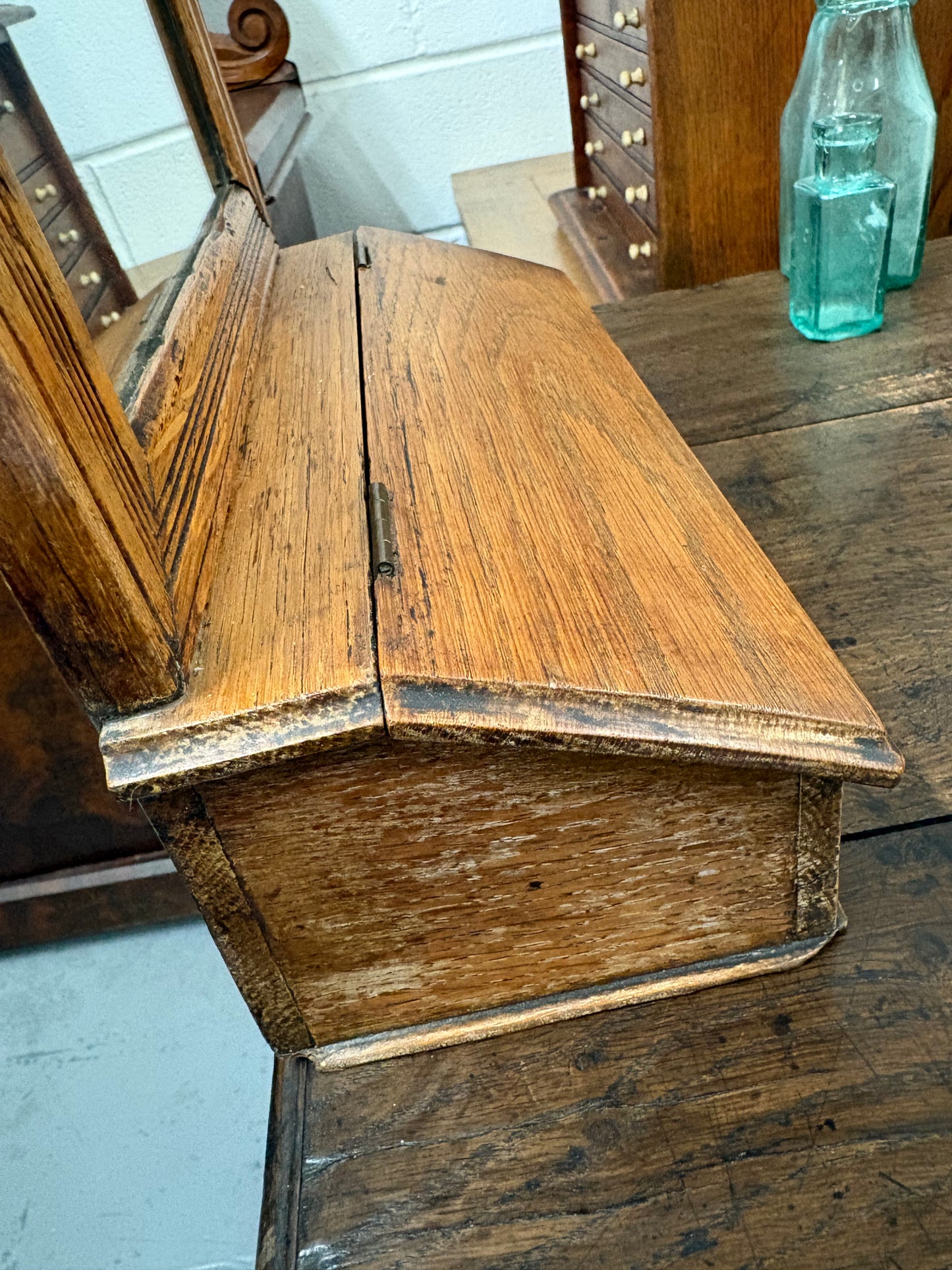 Antique Edwardian Oak Hallway Valet Wall Mirror with Glovebox