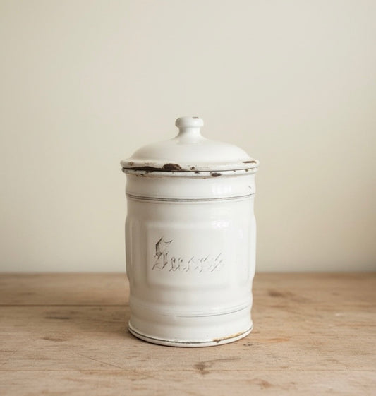 A Vintage white French enamel sugar canister chippy shabby original