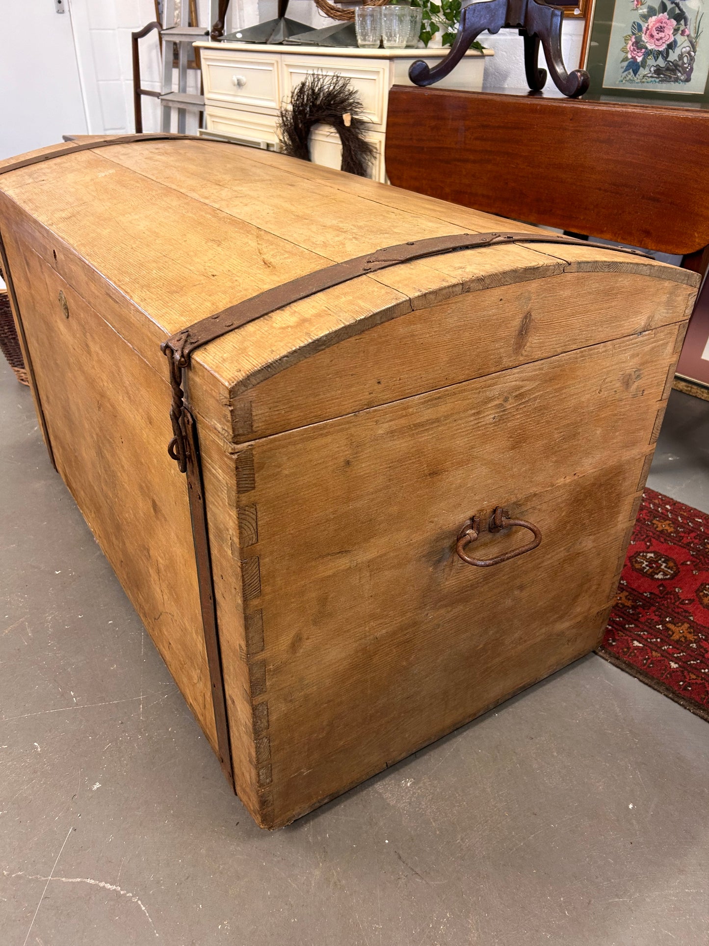 HUGE Late 19thC Pine and metal bound dome topped trunk