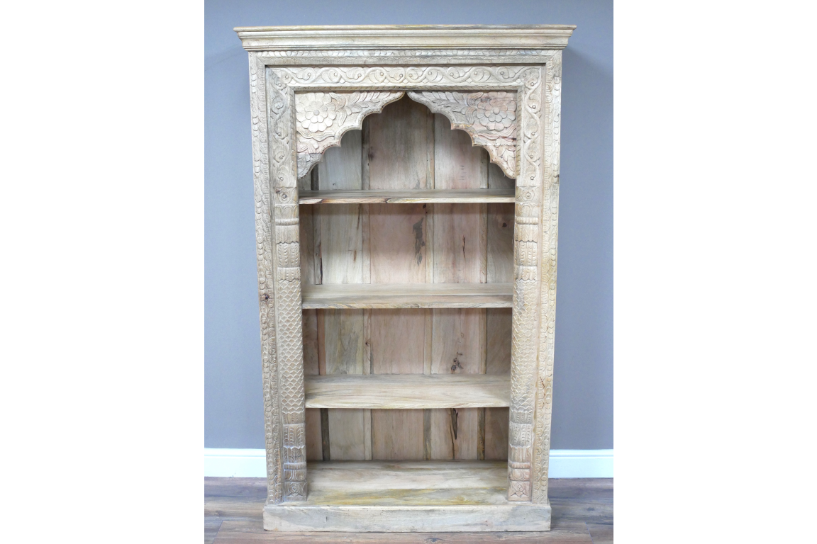 Bohemian Style Carved Light Wood Open Bookcase Decorative Design Shelves