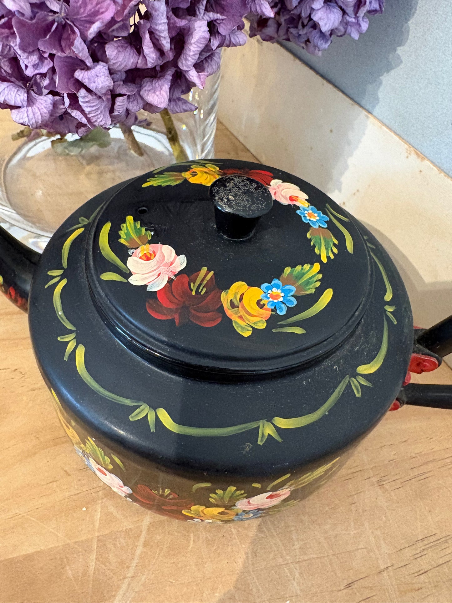 Vintage hand painted metal teapot folky colourful bargeware look