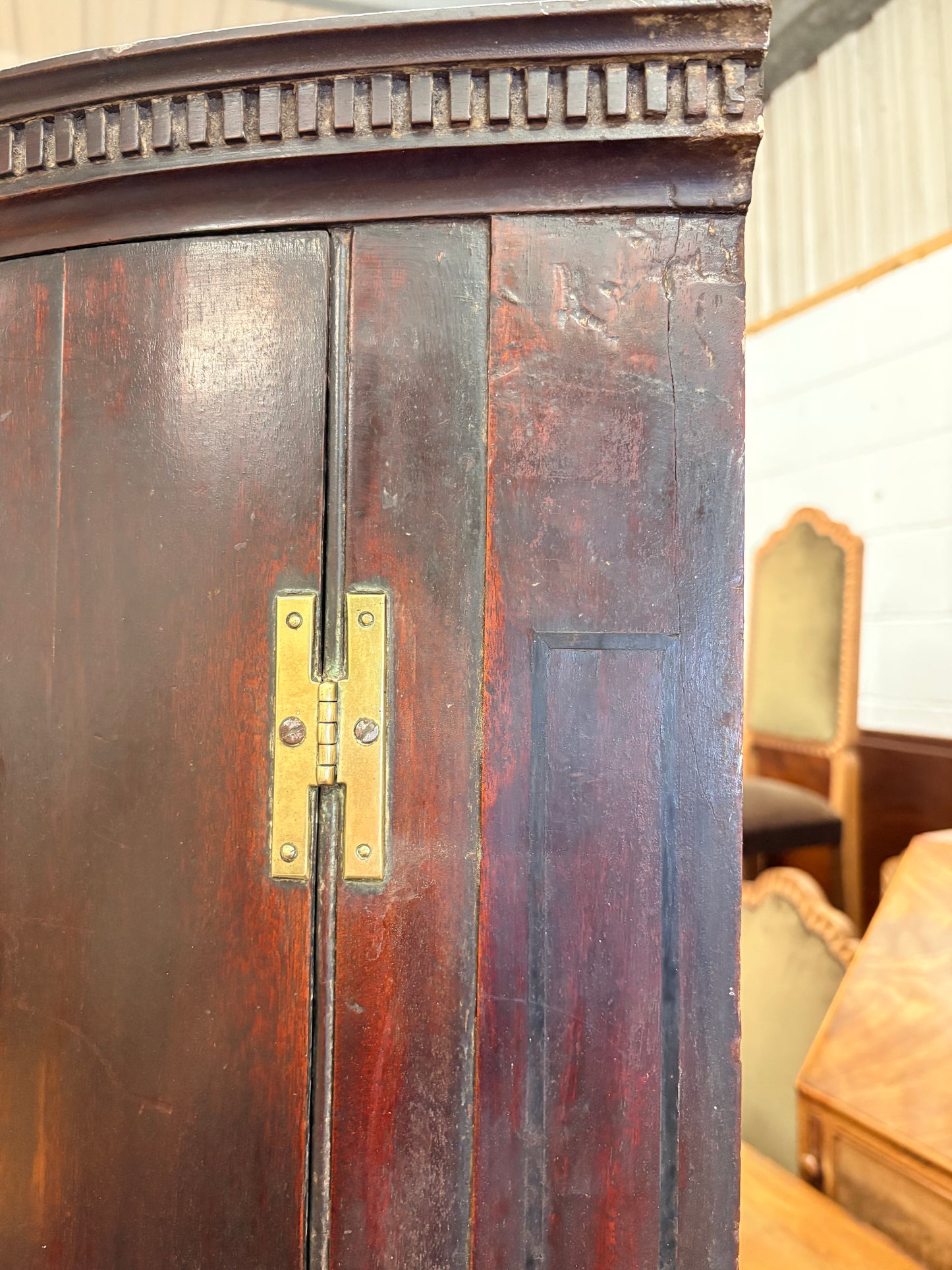 Antique Georgian Mahogany bow fronted  corner cupboard cabinet three shelves