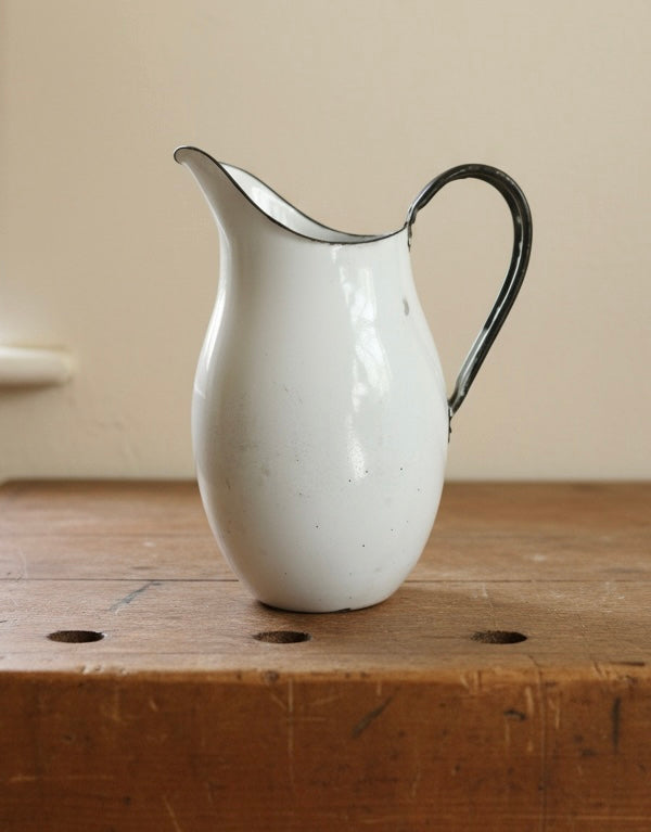 French White Enamel Pitcher water Jug - Vintage Kitchenalia