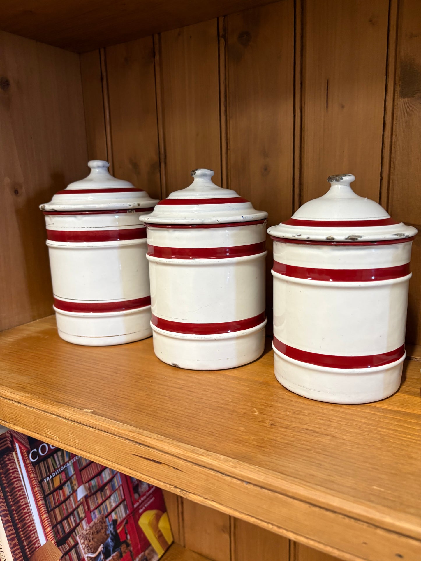 Set of six French Vintage storage canisters, red and white enamel ￼