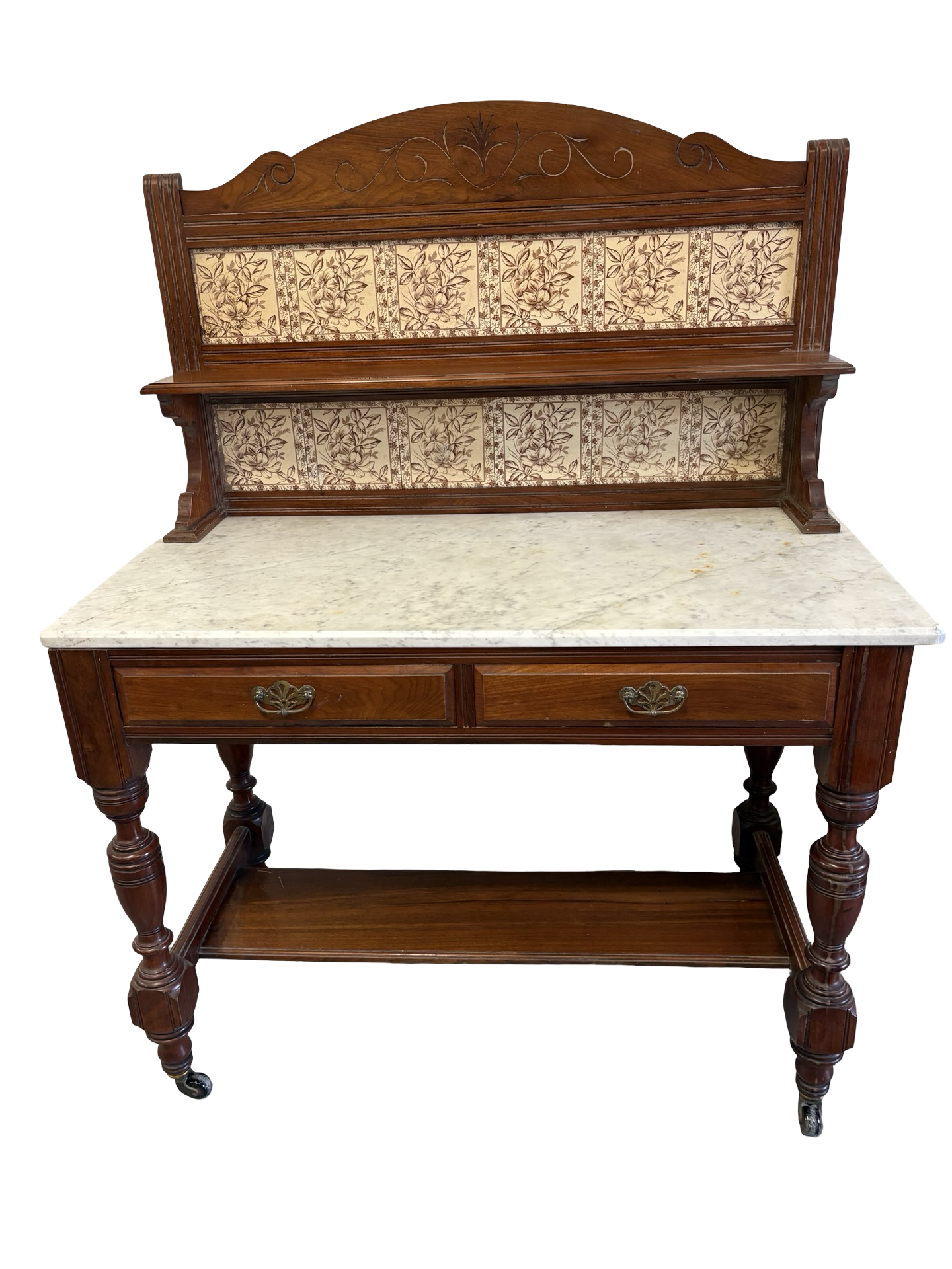 Edwardian Antique Marble top & Tiled back Washstand Side Console Table