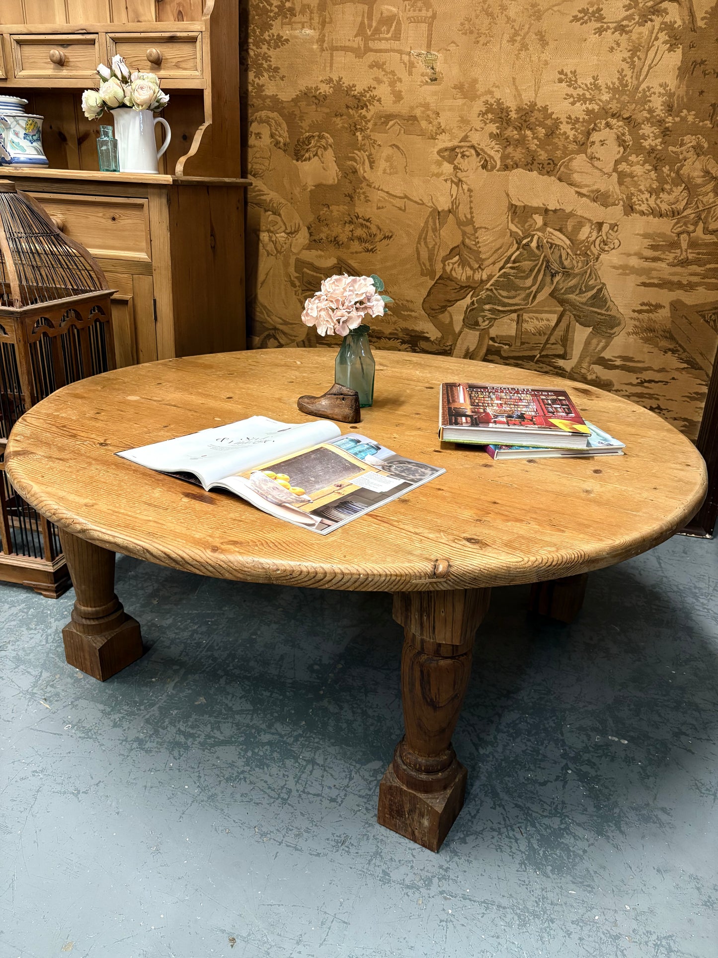 Round Solid Pine coffee table - rustic farmhouse cottage style